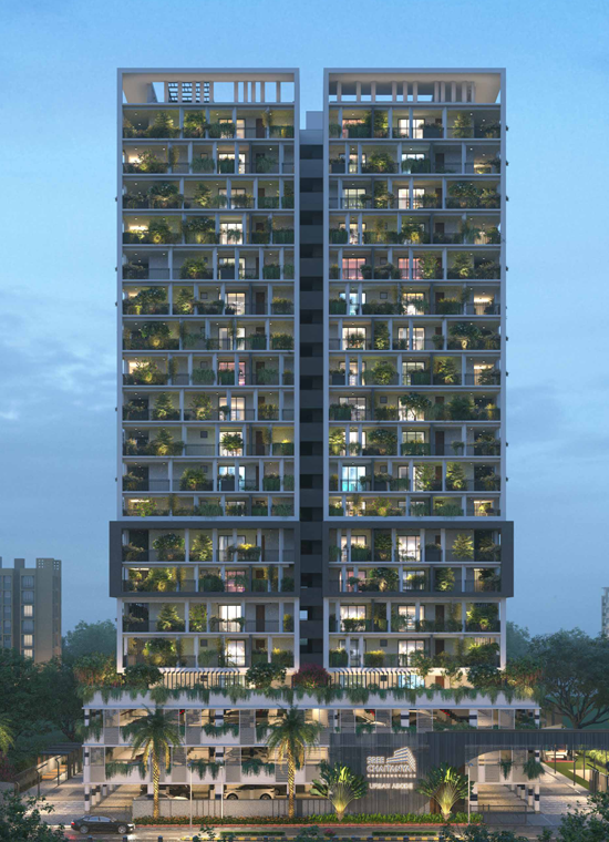 Modern residential apartment building at dusk